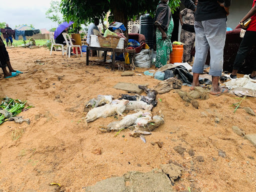 Outdoor market scene with people standing around a table. A pile of dead animals lies on the ground, surrounded by scattered items.