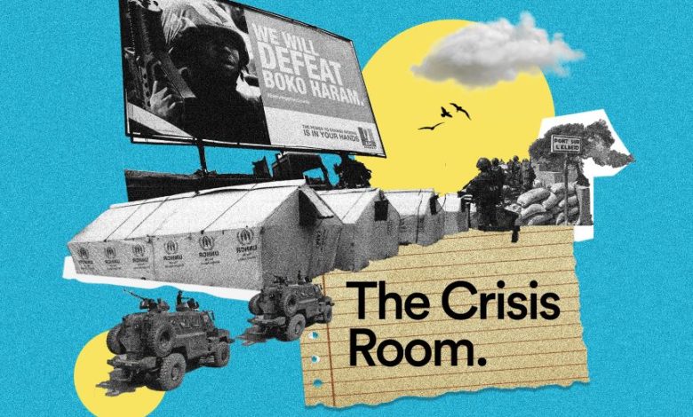 Collage with a soldier, tents, trucks, and a sign reading "The Crisis Room." Podcasts on Spotify and HumAngle. Blue background with sun and birds.