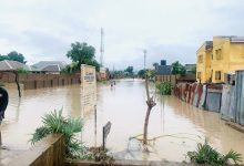 Flooded street with partially submerged buildings and trees; people in the distance wade through the water under a cloudy sky.