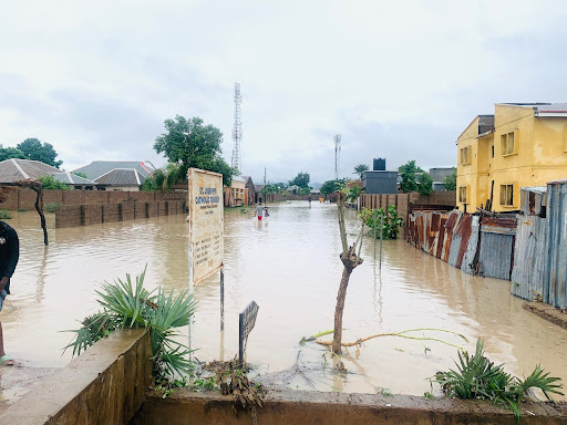Flooded street with partially submerged buildings and trees; people in the distance wade through the water under a cloudy sky.