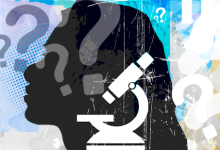 Silhouette of a woman's profile with a microscope and question marks overlay. Abstract background with splashes of color.
