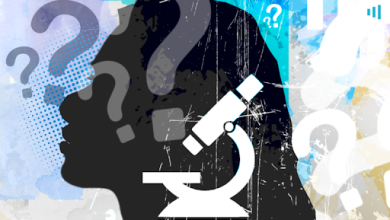Silhouette of a woman's profile with a microscope and question marks overlay. Abstract background with splashes of color.