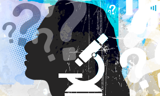 Silhouette of a woman's profile with a microscope and question marks overlay. Abstract background with splashes of color.