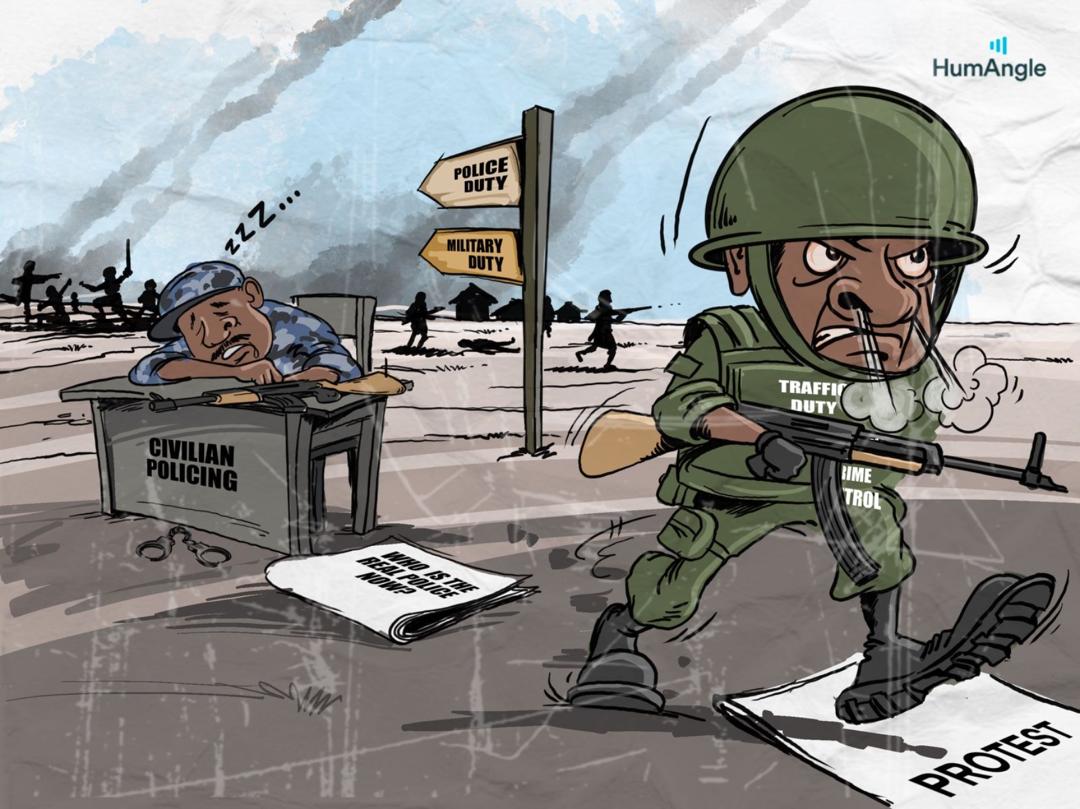 Cartoon of soldier doing multiple civilian duties while police officer sleeps. Signposts show "Police Duty" and "Military Duty."