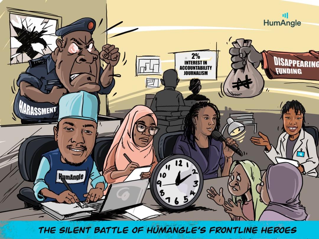 Cartoon of journalists facing obstacles like harassment and funding issues while reporting. Clock, papers, and a microphone are present.