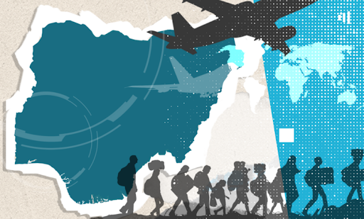 Illustration of people walking with luggage, an airplane, and a world map, symbolizing travel and migration.