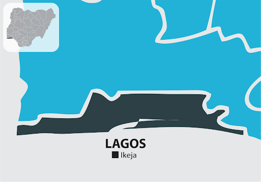 Map highlighting Lagos State, Nigeria, in blue with Ikeja labeled as the capital. Inset shows Nigeria with Lagos highlighted.