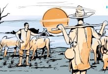 Two herders with cattle in a field, one with a hat and staff, another with a rope, against a sunset backdrop.