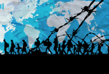 Silhouettes of people walking past barbed wire against a background map, symbolizing migration or refugees.