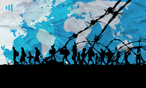 Silhouettes of people walking past barbed wire against a background map, symbolizing migration or refugees.