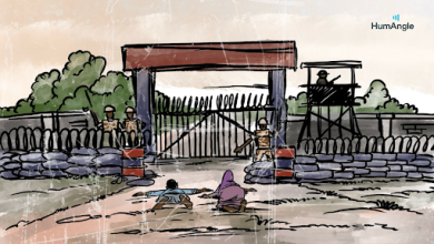 Illustration of two people crawling towards a guarded border gate with barbed wire, surrounded by soldiers and watchtower.