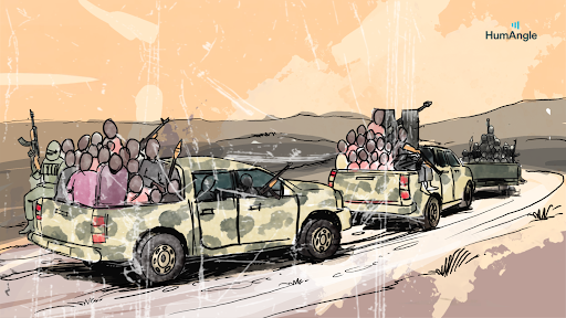 Military vehicles with armed occupants drive on a dirt road through a desert landscape, illustrated in a stylized artistic manner.