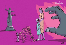 A statue of justice, a large hand, and a woman and child standing before spiked barriers on a pink background.