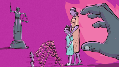 A statue of justice, a large hand, and a woman and child standing before spiked barriers on a pink background.