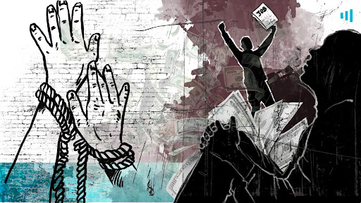 Illustrated hands breaking free from ropes, silhouette celebrating with money and a "Job" paper, symbolizing liberation and opportunity.