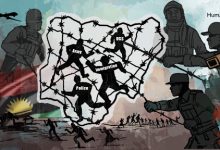 Silhouettes of soldiers and barbed wire symbolize Nigeria's security forces (Army, DSS, Immigration, Police) with an outline of Nigeria.