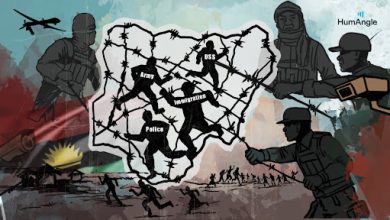 Silhouettes of soldiers and barbed wire symbolize Nigeria's security forces (Army, DSS, Immigration, Police) with an outline of Nigeria.