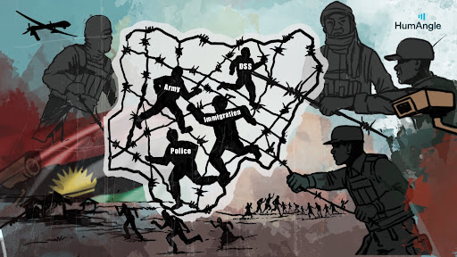 Silhouettes of soldiers and barbed wire symbolize Nigeria's security forces (Army, DSS, Immigration, Police) with an outline of Nigeria.