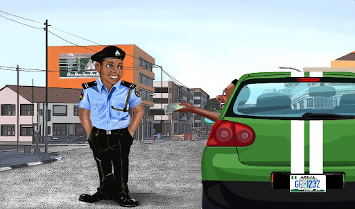 Cartoon of a smiling traffic officer near a green car on a city street; driver extending cash from the window.