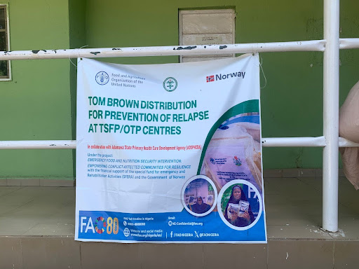 Banner promoting "Tom Brown" distribution for relapse prevention at TSFP/OTP centers, featuring FAO and Norway logos.