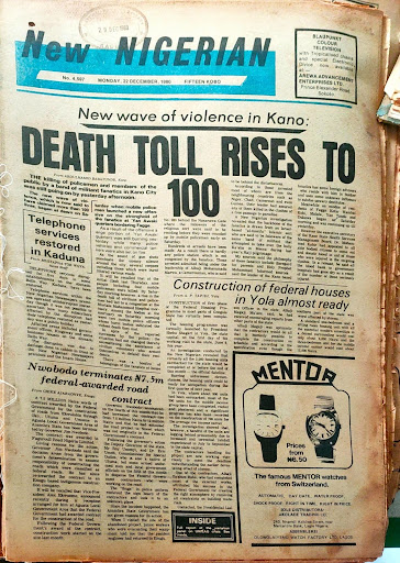 Vintage newspaper headline: "New wave of violence in Kano: Death toll rises to 100." Includes articles and a Mentor advert.
