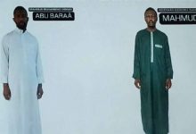 Two men in traditional clothing stand against a white background, one in a white robe labeled "Abu Baraa" and the other in green labeled "Mahmuda."