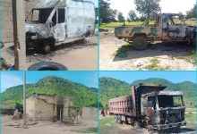 Four images show burnt vehicles and a damaged building with green hills in the background.