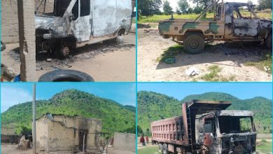 Four images show burnt vehicles and a damaged building with green hills in the background.