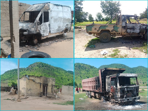 Four images show burnt vehicles and a damaged building with green hills in the background.
