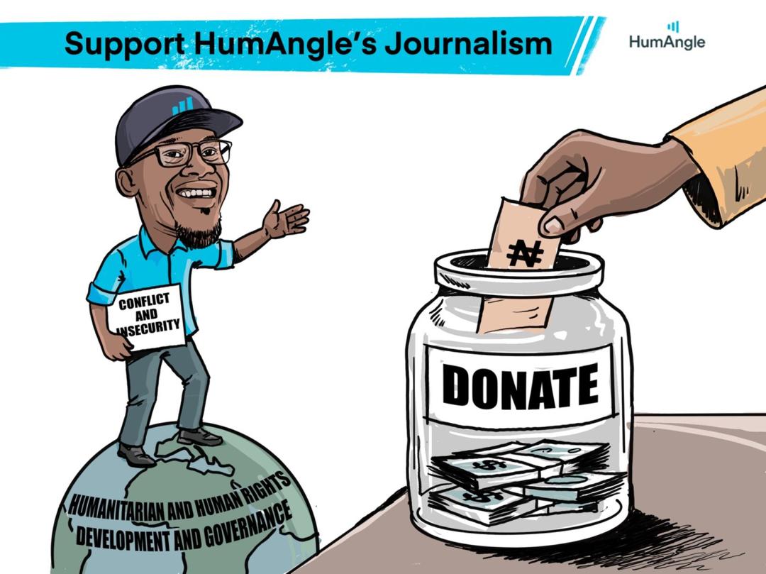 Cartoon man stands on a globe holding "Conflict and Insecurity" sign; hand drops money in "Donate" jar for HumAngle's journalism.