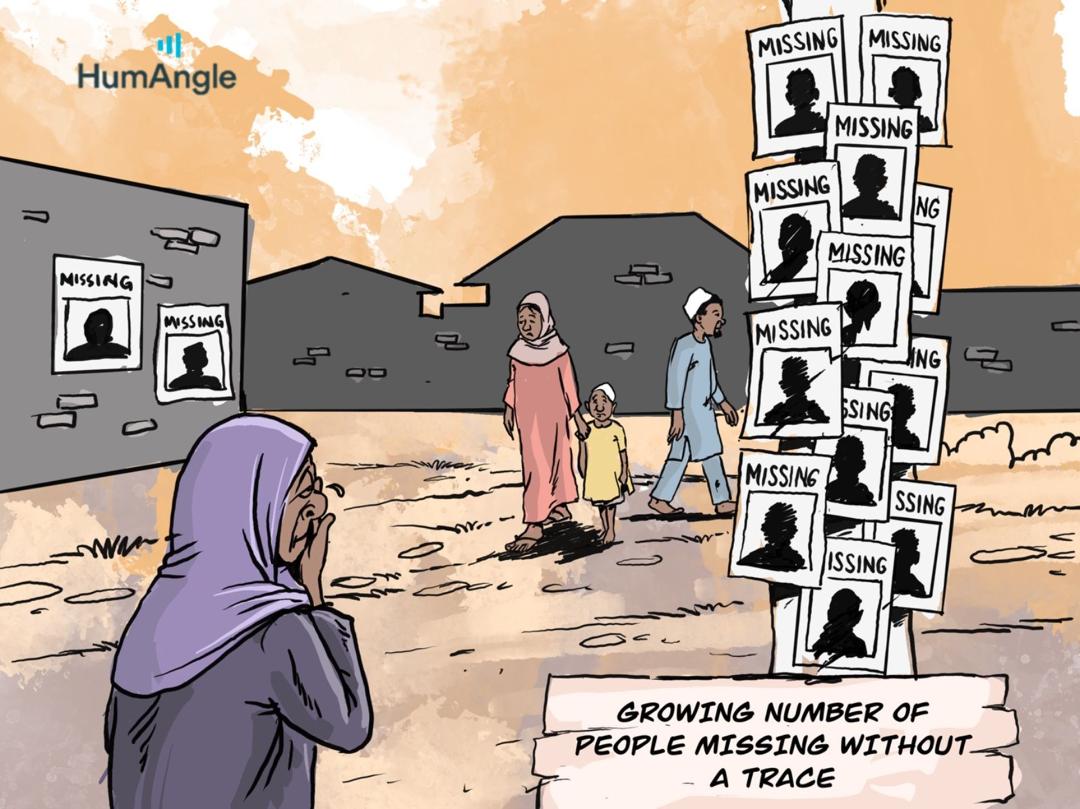 Illustration of missing person posters overwhelming a neighborhood, with concerned people walking by.