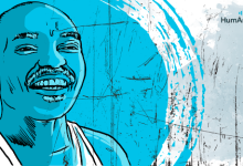 Illustrated portrait of a smiling person with a mustache against a blue and gray abstract background.