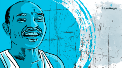 Illustrated portrait of a smiling person with a mustache against a blue and gray abstract background.