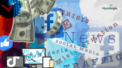 Collage with social media logos, news imagery, dollar bills, and tech devices, symbolizing media influence and economics.