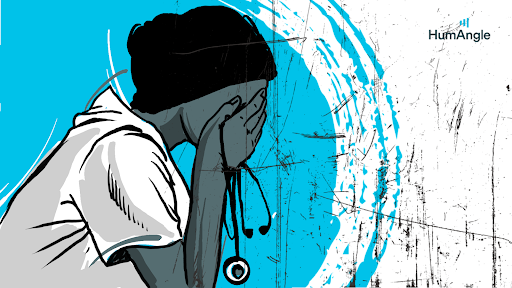 Worried healthcare worker with stethoscope covering face in distress against a blue background.