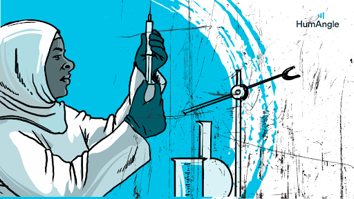 Illustration of a scientist wearing a hijab and gloves, holding a syringe near lab equipment, set against a blue and white background.