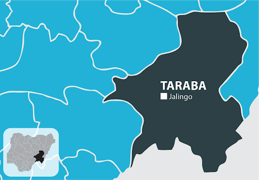 Map highlighting Taraba State, Nigeria, with Jalingo marked. Inset shows location within Nigeria.