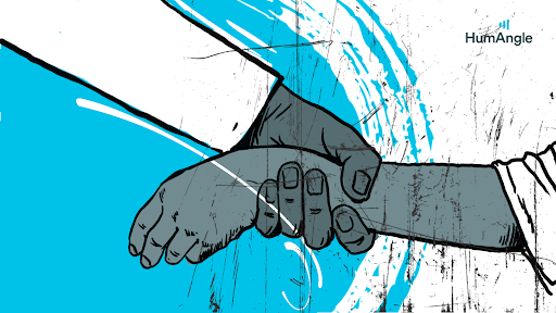 Illustrated hands in black and white with blue paint splatters, symbolizing connection and support.