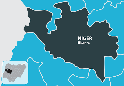 Map highlighting Niger State in Nigeria, with Minna marked. Inset shows Niger State’s location within Nigeria.