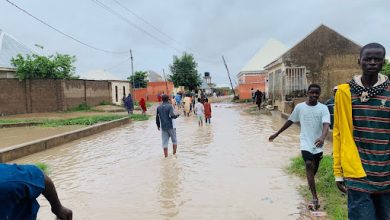 People walking through a flooded street in a residential area after heavy rain. Overcast sky above.