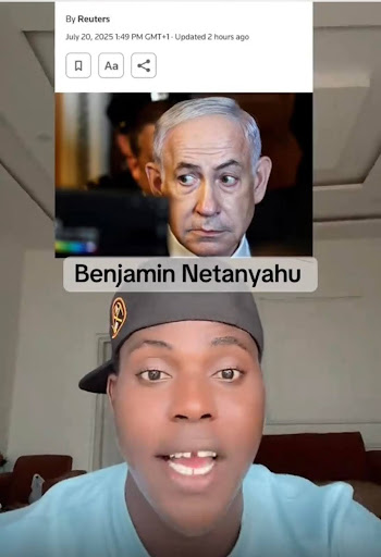 Split-screen image with a serious-looking individual at the top and a person speaking at the bottom. Text overlay reads "Benjamin Netanyahu."