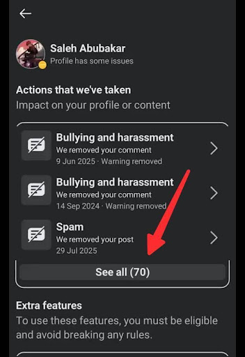 User profile showing actions taken for rule violations: two instances of bullying and harassment, and one of spam. "See all (70)" option available.