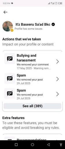 Profile issues notification showing actions taken for bullying/harassment and spam. Total of 389 actions listed.