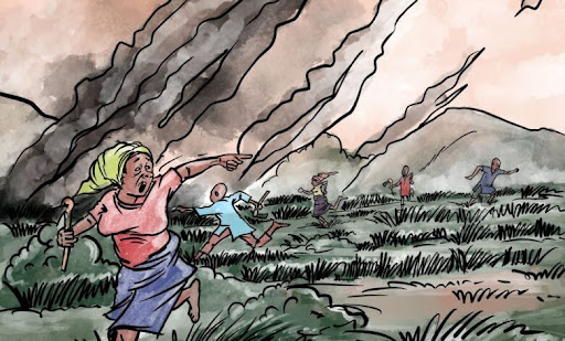People fleeing from a volcanic eruption, with ash and smoke in the sky, set in a grassy landscape.