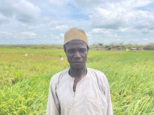 A person stands in a lush green field under a partly cloudy sky, wearing a light shirt and a woven hat.