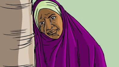Elderly woman in a purple hijab leans against a tree, tears running down her face, with a light green background.
