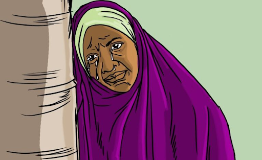Elderly woman in a purple hijab leans against a tree, tears running down her face, with a light green background.