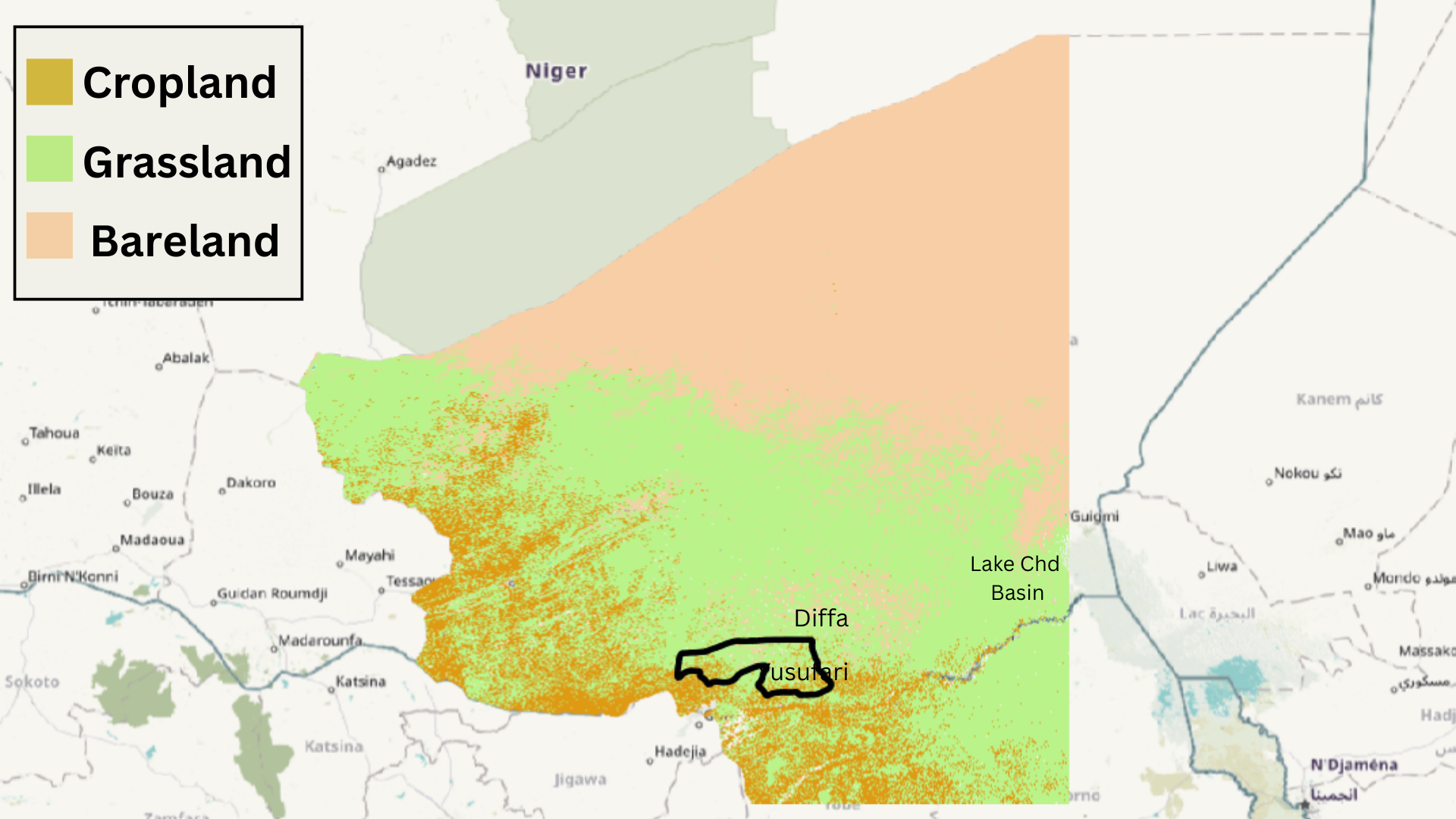 Map of Niger showing cropland (brown), grassland (green), and bareland (orange) with key areas and boundaries marked.