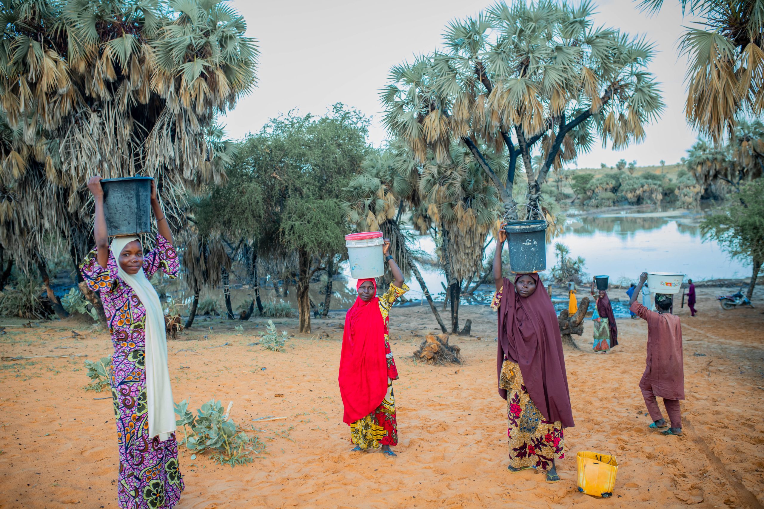 Three women carrying buckets on their heads, walking near palm trees by a lake, with sandy ground and clear skies.