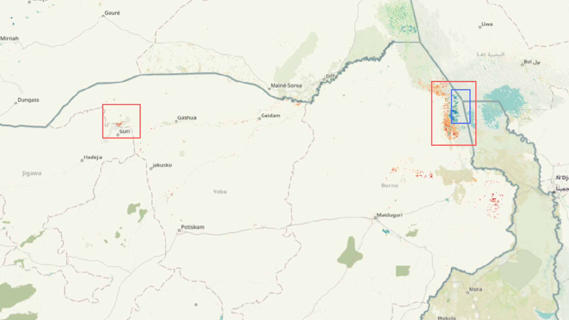 Map showing regions in Nigeria with highlighted areas in red and blue, indicating specific geographical features or data points.